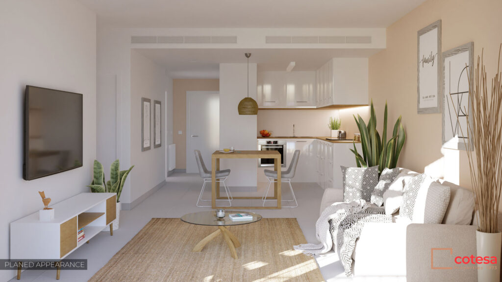 Salón y cocina apartamentos edificio Mitjà de Mar - Porto Cristo